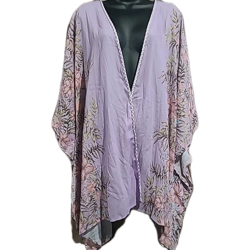 Catherines Open Front Kimono 4X-5X Purple Floral Tropical Braided Metallic Trim